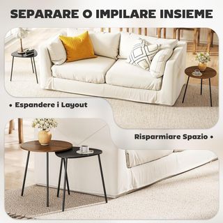 Set di 2 tavolini impilabili, tavolini bassi con struttura in metallo per soggiorno, camera da letto e ufficio, noce e nero