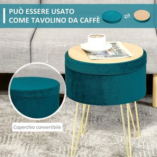 Pouf contenitore 2 in 1 con funzione di sgabello e tavolo, in legno e velluto verde, metallo con finitura dorata, 36X36X45Cm