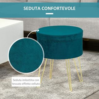 Pouf contenitore 2 in 1 con funzione di sgabello e tavolo, in legno e velluto verde, metallo con finitura dorata, 36X36X45Cm