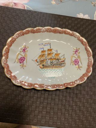 Bandeja antigua china barco y flores