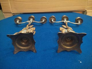 Pareja Candelabros Bronce Jinetes 3 Brazos