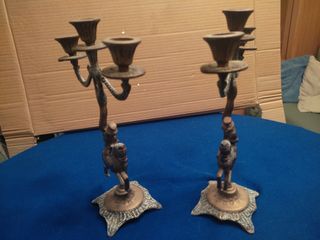 Pareja Candelabros Bronce Jinetes 3 Brazos
