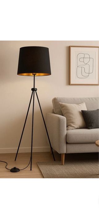 Lámpara de pie trípode negra y dorada.Sin estrenar