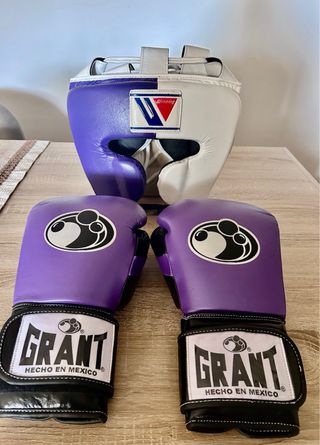 Casco y Guantes Boxeo Winning/Grant Morado/Blanco