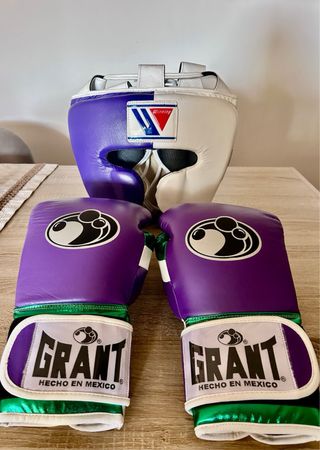 Casco y Guantes Boxeo Winning/Grant Morado/Blanco