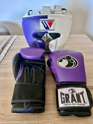 Casco y Guantes Boxeo Winning/Grant Morado/Blanco