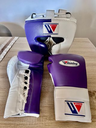Casco y Guantes Boxeo Winning/Grant Morado/Blanco