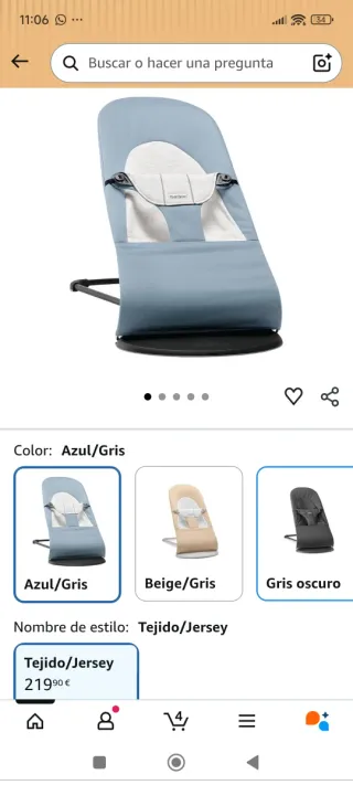 Hamaca Babybjörn Tejido Jersey Azul/Gris