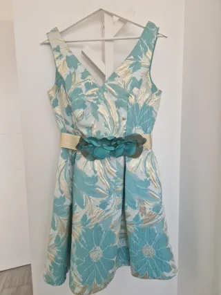Vestido fiesta floral dorado y turquesa