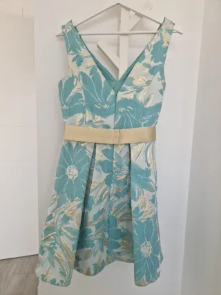 Vestido fiesta floral dorado y turquesa
