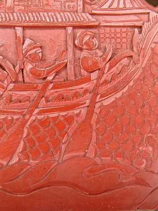 Figura china de laca de cinabrio Dragón Barco
