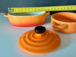 Juego pequena olla y fuente cerámica naranja