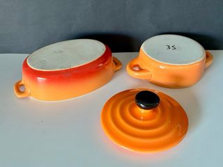 Juego pequena olla y fuente cerámica naranja