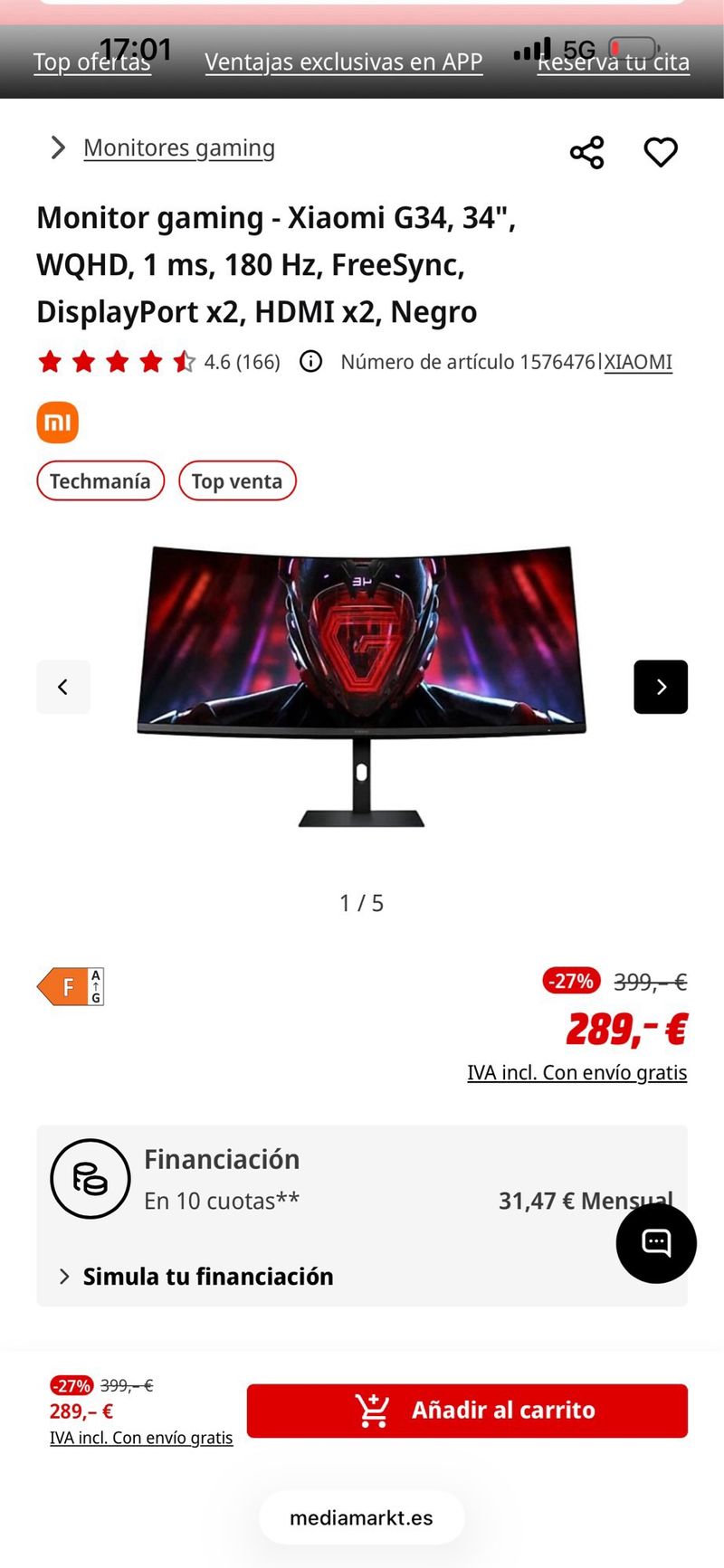 Monitor Xiaomi 180Hz Negro afbeelding 2