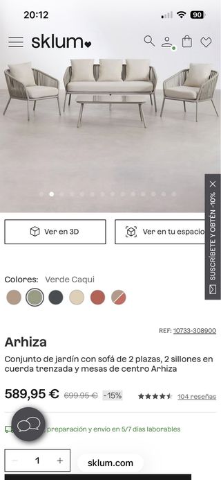 Conjunto jardín sofá 3 plazas, 2 sillones y mesa