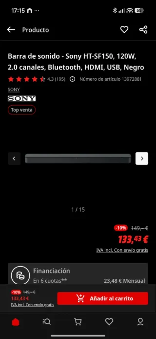 Barra de Sonido Sony HT-SF150 120W