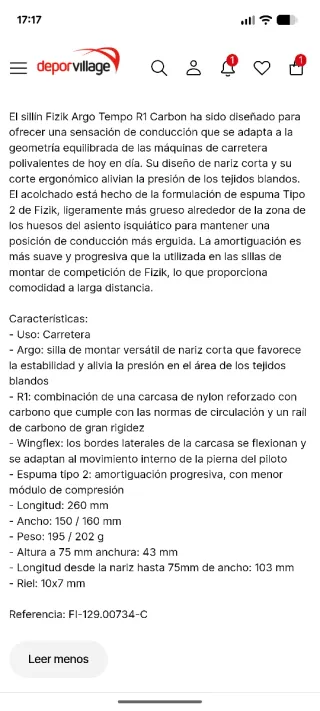 Sillín Fizik Argo Tempo R1 Carbon Negro