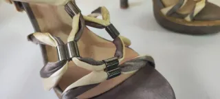 Sandalias Tiras T37 Tacón 13cm Beige Marrón