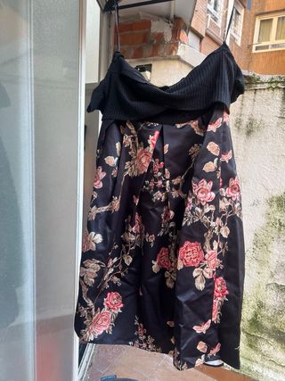 Vestido fiesta flores negro y rosa