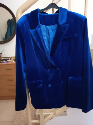 Traje tipo Terciopelo Azul Mujer Chaqueta y Pantal