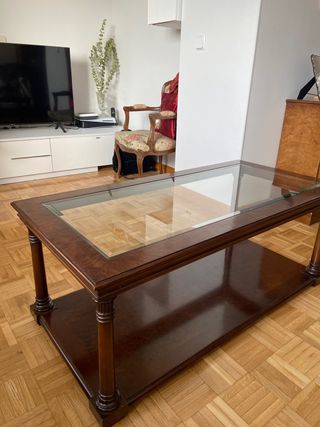 Tavolo da salotto rettangolare in legno massello e vetro