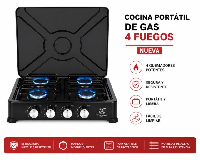 Cocina Gas Portátil Royal Swiss 4 Quemadores