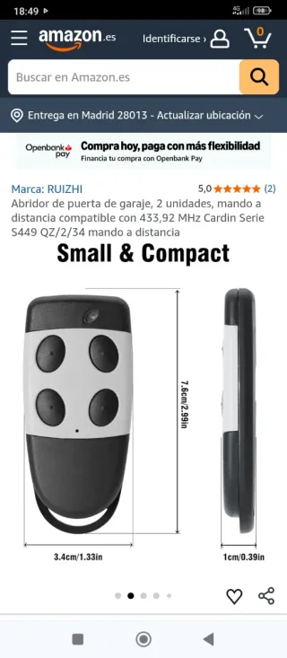 2 Mandos Puerta Garaje RUIZHI 433,92 MHz