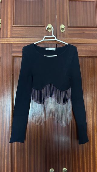 Top Zara Negro con Flecos Plateados