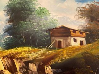 Cuadro de lienzo paisaje montañoso con casa pintad