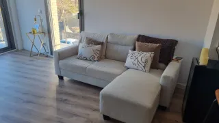 Sofá modular tela beige y marrón