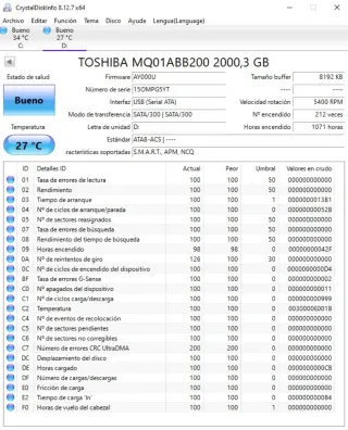 Disco Duro Externo Toshiba 2TB 2.5 1071 horas uso
