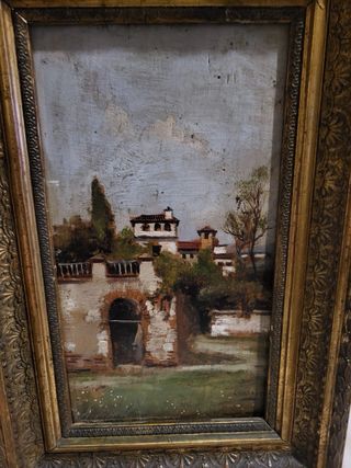 Pintura antigua paisaje con marco dorado