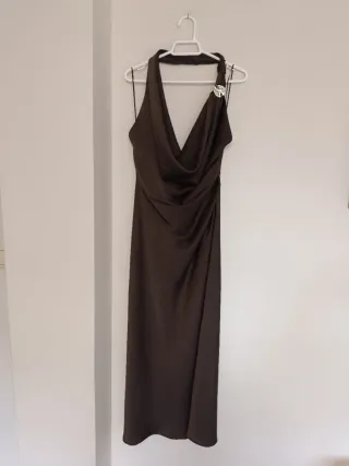 Vestido midi Zara satinado aplique dorado