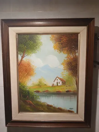 Cuadro óleo paisaje casa lago firmado