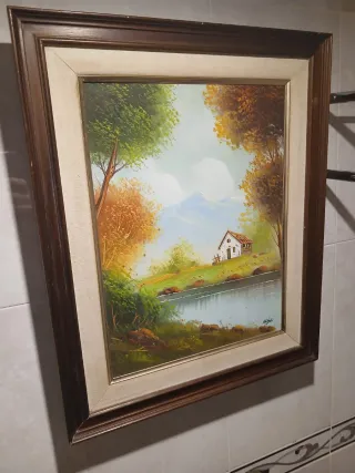 Cuadro óleo paisaje casa lago firmado