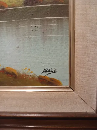 Cuadro óleo paisaje casa lago firmado