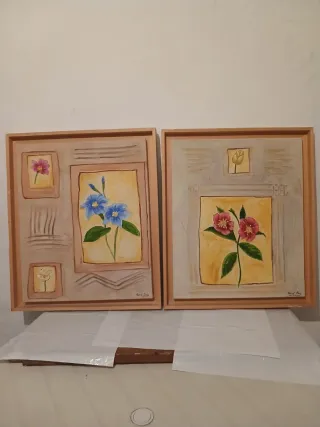 Pareja cuadros flores relieve rústicos