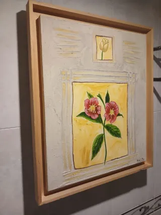 Pareja cuadros flores relieve rústicos