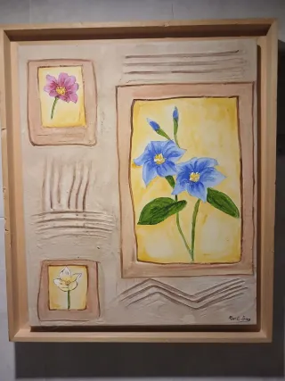 Pareja cuadros flores relieve rústicos