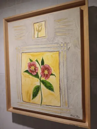 Pareja cuadros flores relieve rústicos