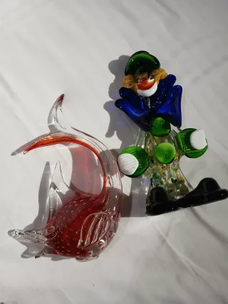 Set 2 figure di vetro: clown e pesce