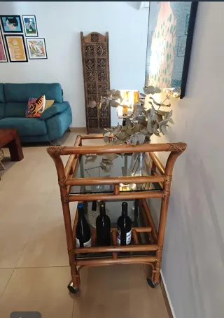 Carrito camarera vintage ratán y cristal