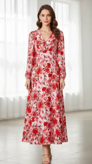 Vestido floral rojo y blanco