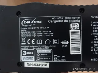 Cargador Batería Coche Car Xtras 18559