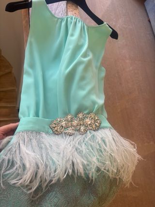 Traje de fiesta con pedrería y plumas muy elegante
