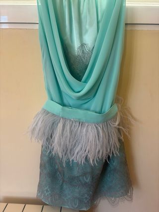 Traje de fiesta con pedrería y plumas muy elegante