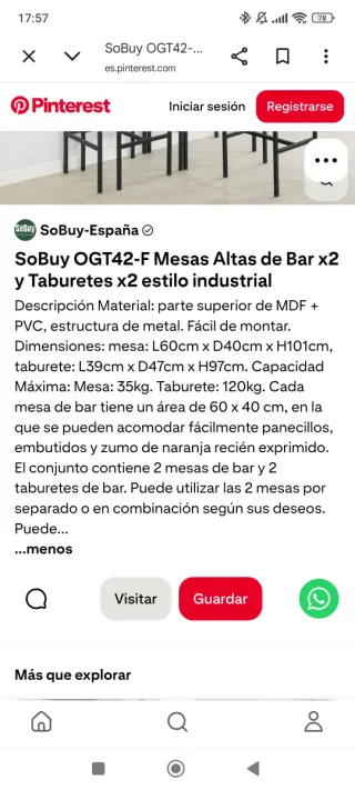 Set 2 Mesas Altas de Bar y 2 Taburetes