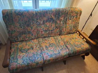 Sofá 3 plazas tela y madera