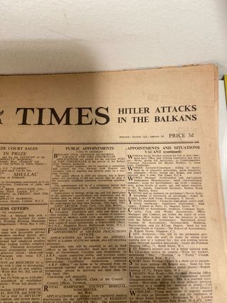 Periódico The times Segunda Guerra Mundial 1941.