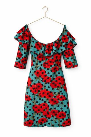 Vestido off shoulder floral rojo y lunares